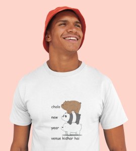 New Year Party White Graphic Printed T-shirt For Mens Boys