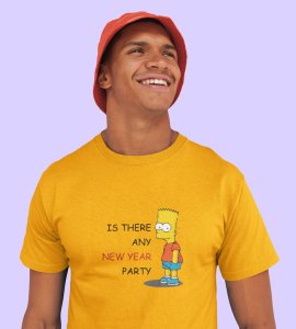 Is There Any Party? Yellow Printed T-shirt For Mens On New Year Theme Best Gift For New Year