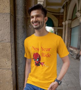 New Year Ride YellowPrinted T-shirt For Mens On New Year Theme