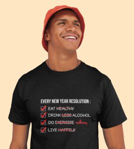 New Year Resolution Black Men Printed T-shirt For Mens Boys