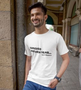 Survived New Year White Graphic Printed T-shirt For Mens Boys