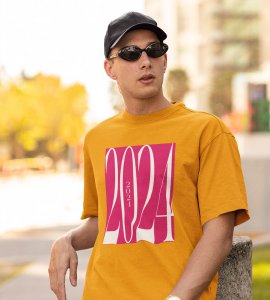 2024 New Year Yellow Printed T-shirt For Mens On New Year Theme Best Gift For New Year