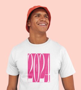 2024 New Year White Printed T-shirt For Mens On New Year Theme Best Gift For New Year