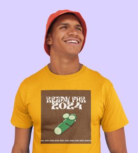 Get Ready For 2024 Yellow Printed T-shirt For Mens On New Year Theme Best Gift For New Year