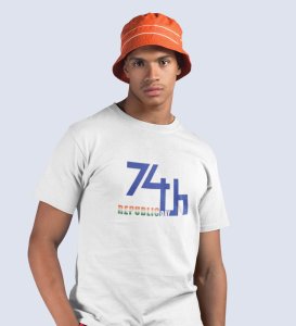 74th Republic Day, White Printed T-Shirts Round Neck for Men