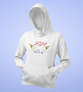 It's A New Year, White Graphic Printed Hoodies For Mens Boys