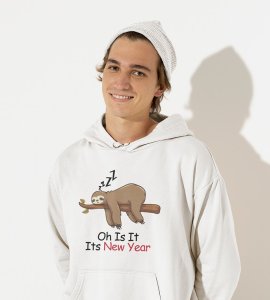 Sloth's New Year,  White Graphic Printed Hoodies For Mens Boys