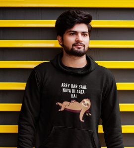 New Year Always Comes,  Black New Year Printed Hoodies For Mens