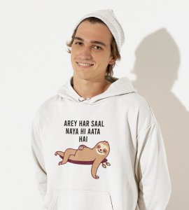 New Year Always Comes,  White New Year Printed Hoodies For Mens