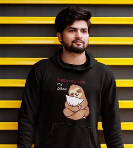 Pillow And New Year  Black Graphic Printed Hoodies For Mens Boys
