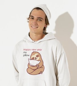 Pillow And New Year  White Graphic Printed Hoodies For Mens Boys
