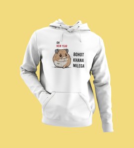New Year More Food,  White Printed Hoodies For Mens On New Year Theme Best Gift For New Year