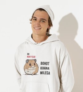 New Year More Food,  White Printed Hoodies For Mens On New Year Theme Best Gift For New Year