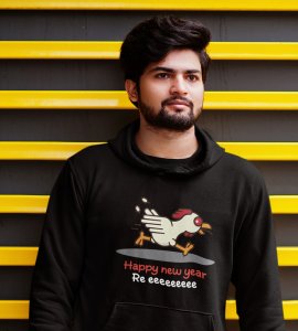 Chicken's New Year  Black Graphic Printed Hoodies For Mens Boys