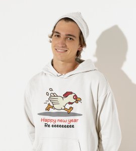 Chicken's New Year  White Graphic Printed Hoodies For Mens Boys