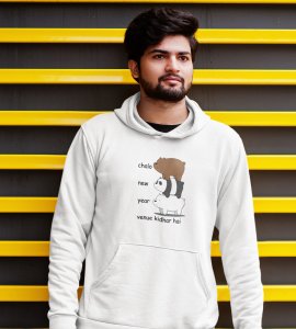 New Year Party,  White Graphic Printed Hoodies For Mens Boys