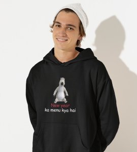 What's There For New Year, Black New Year Printed Hoodies For Mens