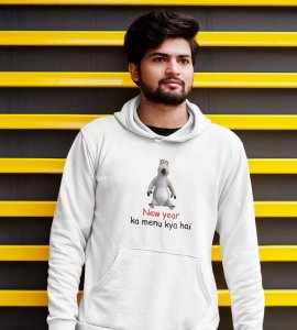 What's There For New Year, White New Year Printed Hoodies For Mens