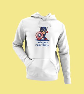 New Year, New Villans,  White Men Printed Hoodies For Mens Boys