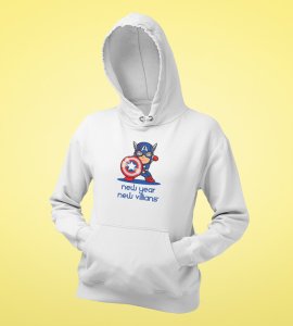 New Year, New Villans,  White Men Printed Hoodies For Mens Boys