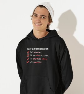 New Year Resolution,  Black Men Printed Hoodies For Mens Boys