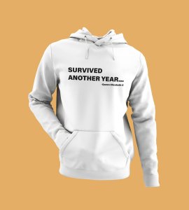 Survived New Year,  White Graphic Printed Hoodies For Mens Boys