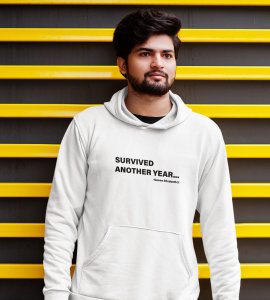 Survived New Year,  White Graphic Printed Hoodies For Mens Boys