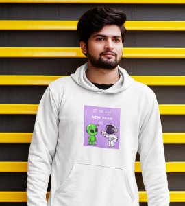 Run Away From Here,  White New Year Printed Hoodies For Mens