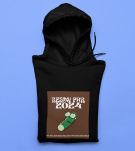 Get Ready For 2024,  Black Printed Hoodies For Mens On New Year Theme Best Gift For New Year