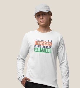 Hero Of The Nation, White Round Neck Printed Full Sleeve T-shirts