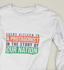 Hero Of The Nation, White Round Neck Printed Full Sleeve T-shirts