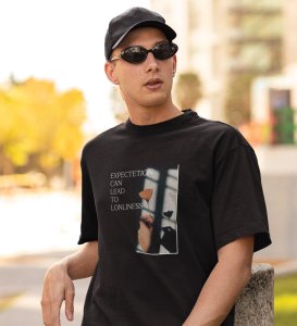 Expectation Hurts,Bold and Beyond: Black Front Printed Round Neck T-Shirt - Men's Fashion Forward