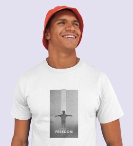 Unspoken Freedom, Dynamic Impressions: White Men's Trendy Round Neck T-Shirt with Front Print