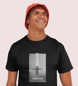 Unspoken Freedom, Dynamic Impressions: Black Men's Trendy Round Neck T-Shirt with Front Print