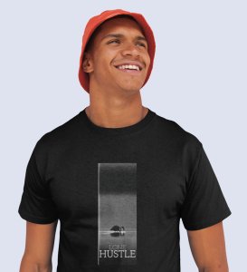 Lone Hustle, Fashion Fusion: Black Modern Men's Oversized Tee with Front Graphic Pop