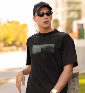 Taciturnity, Graphic Harmony: Black Modern Front Printed Round Neck Tee for Men