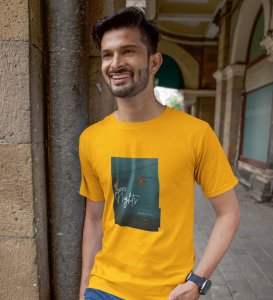 Blur Nights, Yellow Street Symphony: Front Printed Men's Oversized Tee - Urban Elegance