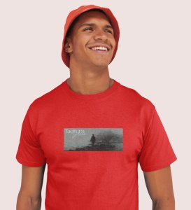 Taciturnity, Graphic Harmony: Red Modern Front Printed Round Neck Tee for Men