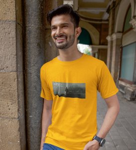 Taciturnity, Graphic Harmony: Yellow Modern Front Printed Round Neck Tee for Men