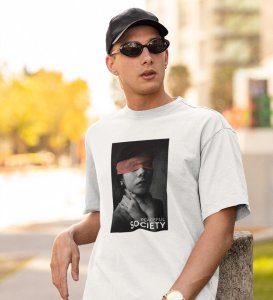 Pacifist Society, Urban Legend Series: White Men's Oversized Round Neck T-Shirt with Front Print