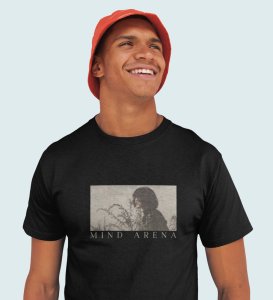 Mind Arena, Casual Couture: Black Front Printed Round Neck Tee - Men's Contemporary Style
