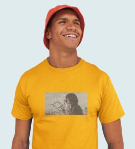 Mind Arena, Casual Couture: Yellow Front Printed Round Neck Tee - Men's Contemporary Style