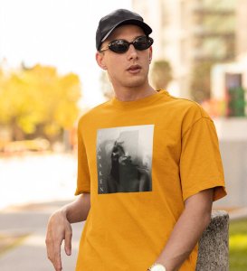 Mesmerized, Modern Maverick: Yellow Signature Front Graphic Oversized Tee for Men