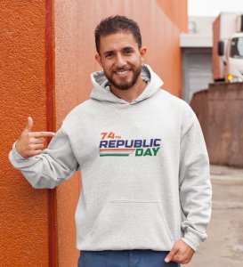 74th Proud Republic Day, White Printed Hoodies Round Neck for Men
