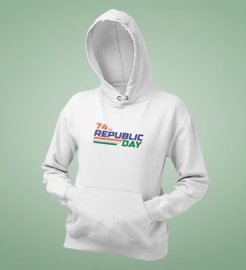 74th Proud Republic Day, White Printed Hoodies Round Neck for Men