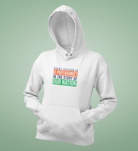 Hero Of The Nation, White Round Neck Printed Hoodies