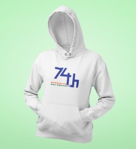 74th Republic Day, White Printed Hoodies Round Neck for Men