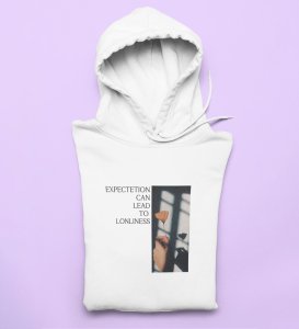 Expectation Hurts,Bold and Beyond:White Front Printed Round Neck Hoodies - Men's Fashion Forward