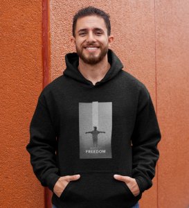 Unspoken Freedom, Dynamic Impressions:Black Men's Trendy Round Neck Hoodies with Front Print