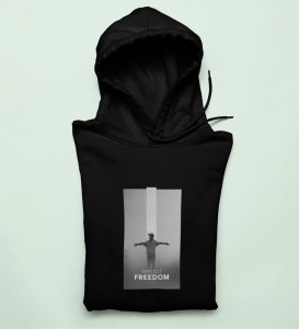 Unspoken Freedom, Dynamic Impressions:Black Men's Trendy Round Neck Hoodies with Front Print